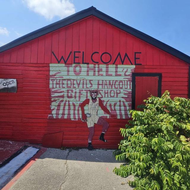 The red 'Welcome to Hell' building